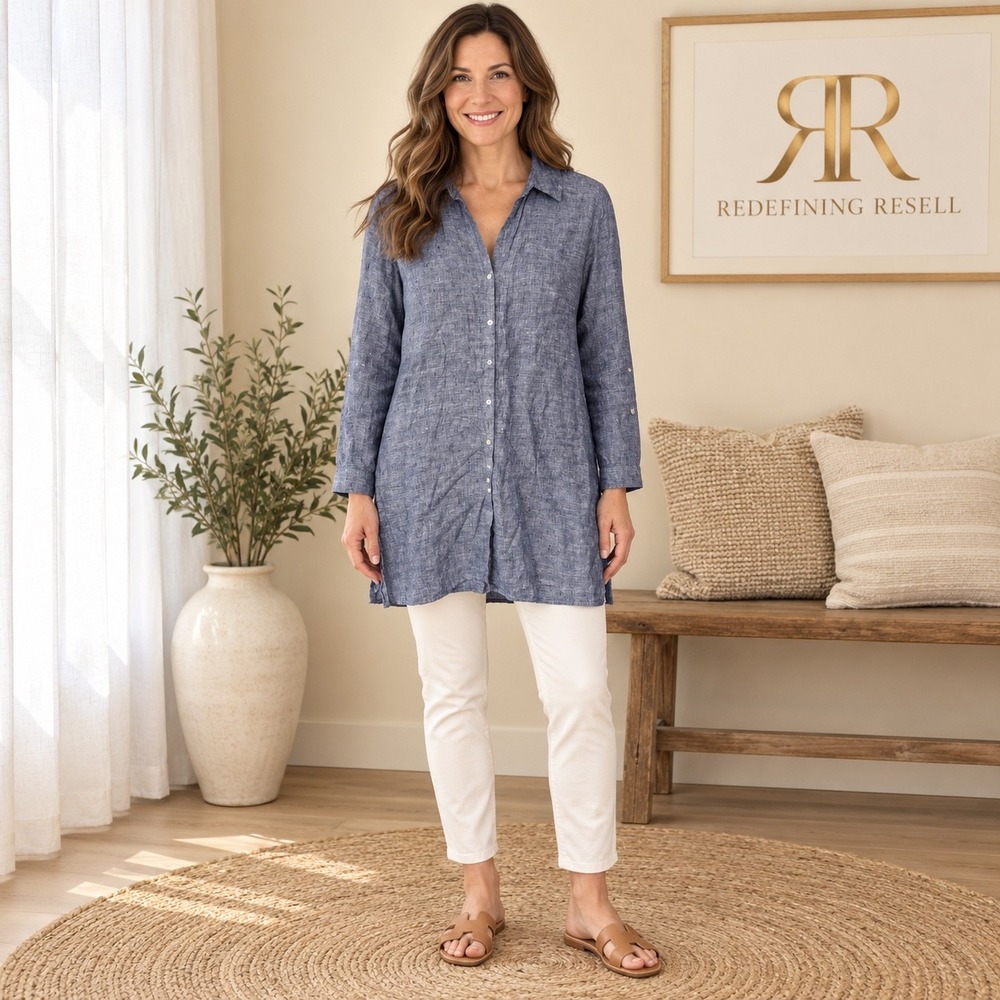 Sigrid Olsen Blue 100% Linen Long Sleeve Button Down Tunic Top Shirt Size L